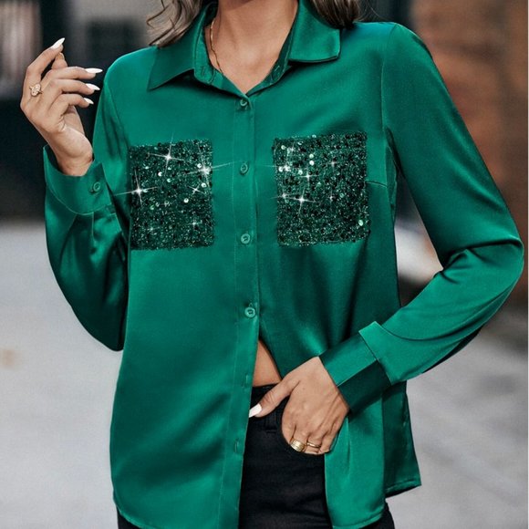 Emerald Satin Sequins Pocket Shirt - Picture 4 of 9